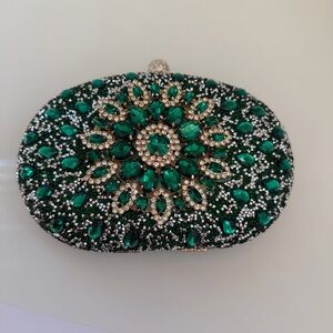 RAMLA Emerald Green Bejeweled Crystal Evening Bag w/ Chain Strap Top Handle NEW!